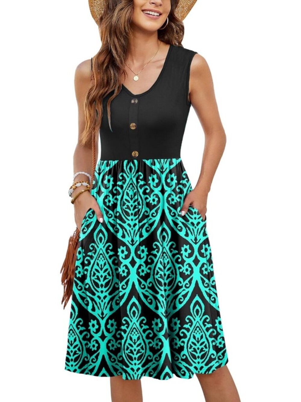 Women's Black Green Summer Sleeveless Loose Swing Button Down Sundress